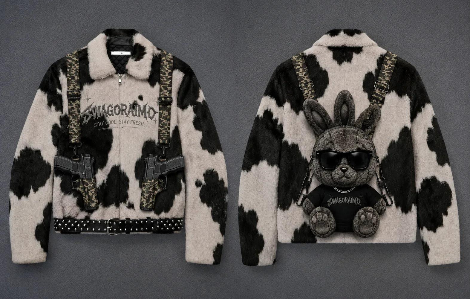 SWAGORAIMO Cow Print Faux Fur Statement Jacket - 𝓢𝓦𝓐𝓖𝓞𝓡𝓐𝓘𝓜𝓞